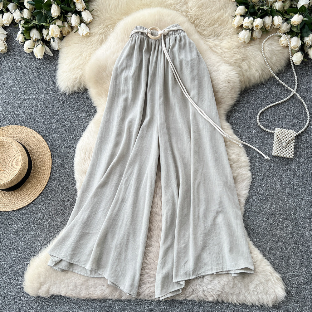 Women's High-Waisted Wide-Leg Trousers Tie Waist Retro Commuter Style Flowy Drapery Relaxed Fit Casual Pants_ecoleips.com