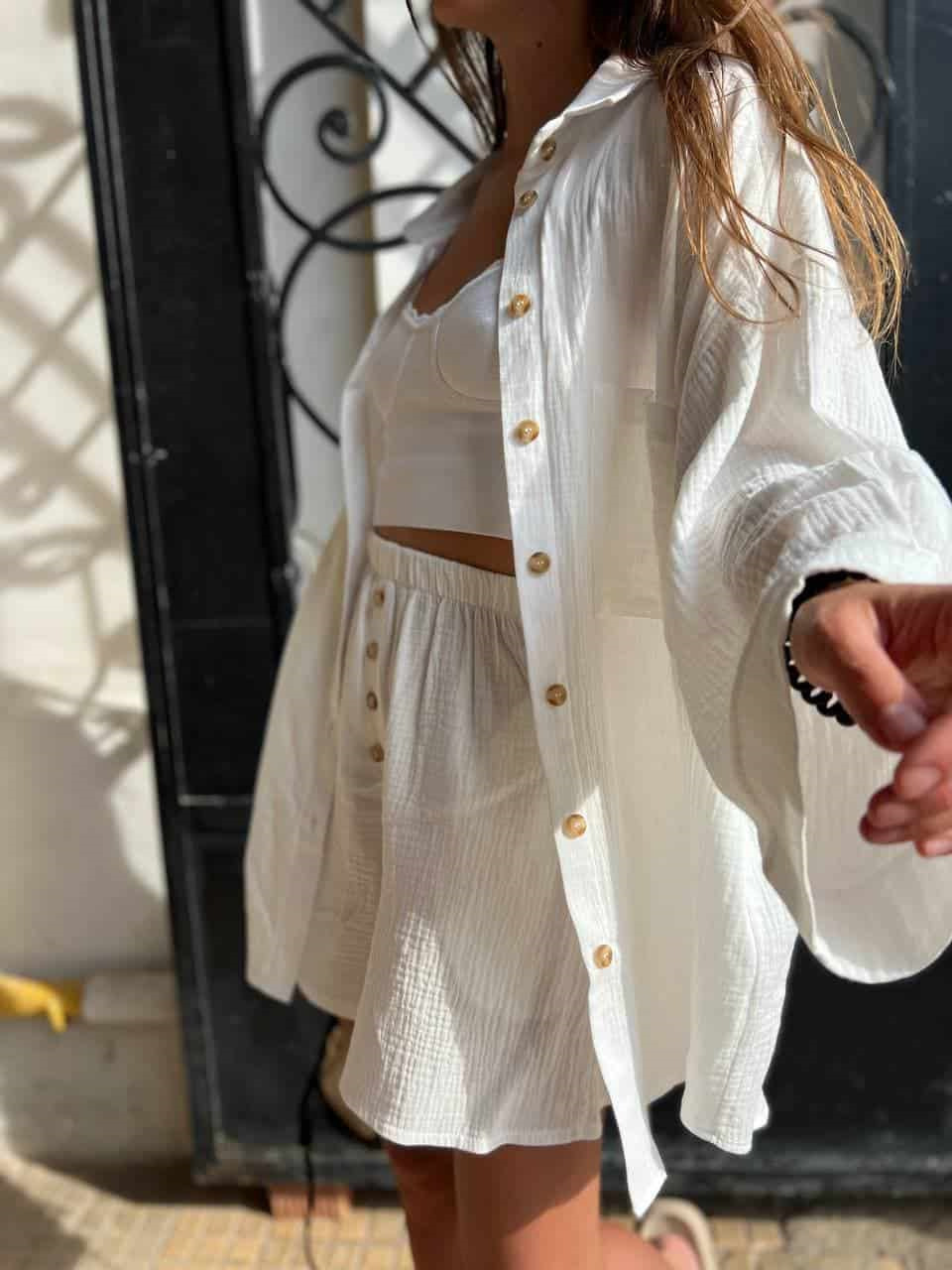 Casual Button-Up Cardigan & Shorts Set – Breathable Polyester Lounge-to-Street Outfit (S-XL, 4 Fresh Colors, Euro-US Minimalist Comfort)_ecoleips.com