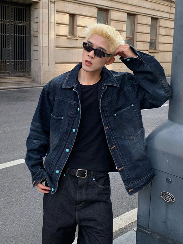 Designed Turquoise Button Washed Denim Jacket Men's Autum Retro Distressed Casual Versatile Lapel Jacket