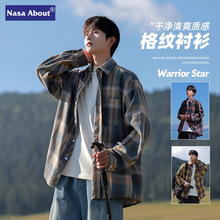 NASA日系复古长袖衬衫男春秋季cityboy潮牌宽松男生格子衬衣外套