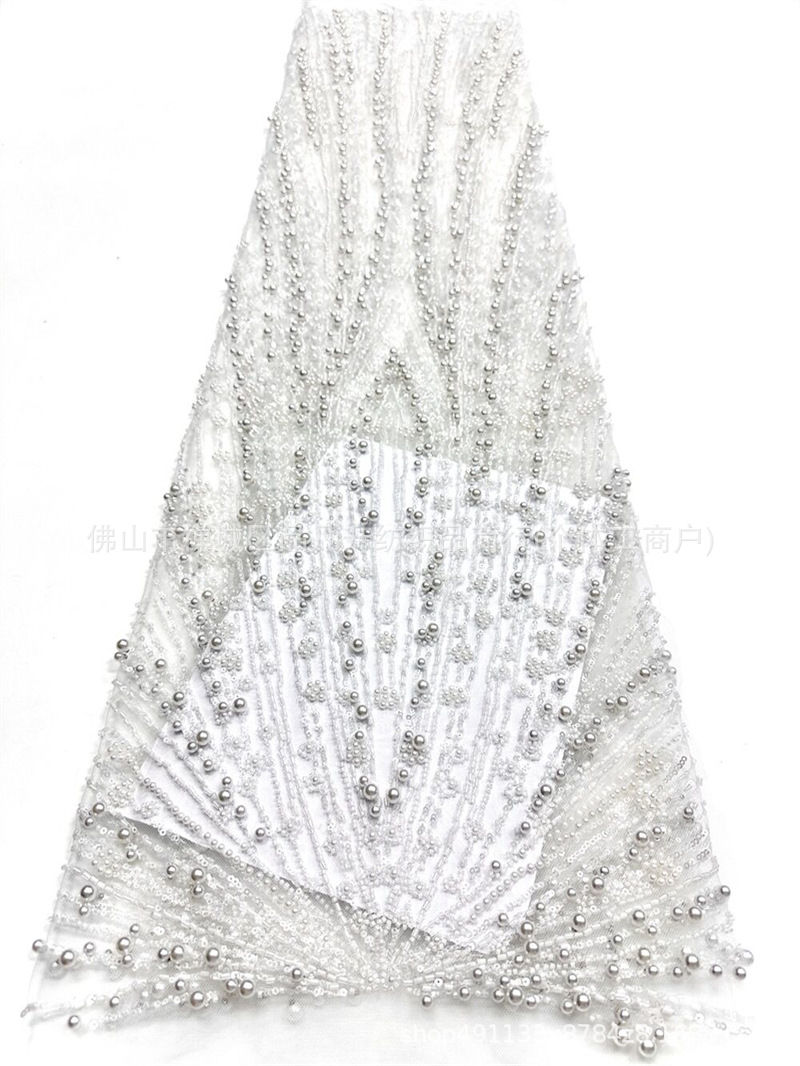 Radiante ventilador tubo perla tela de malla de perla retrógrada mano perla tela de boda de cola de pez en stock