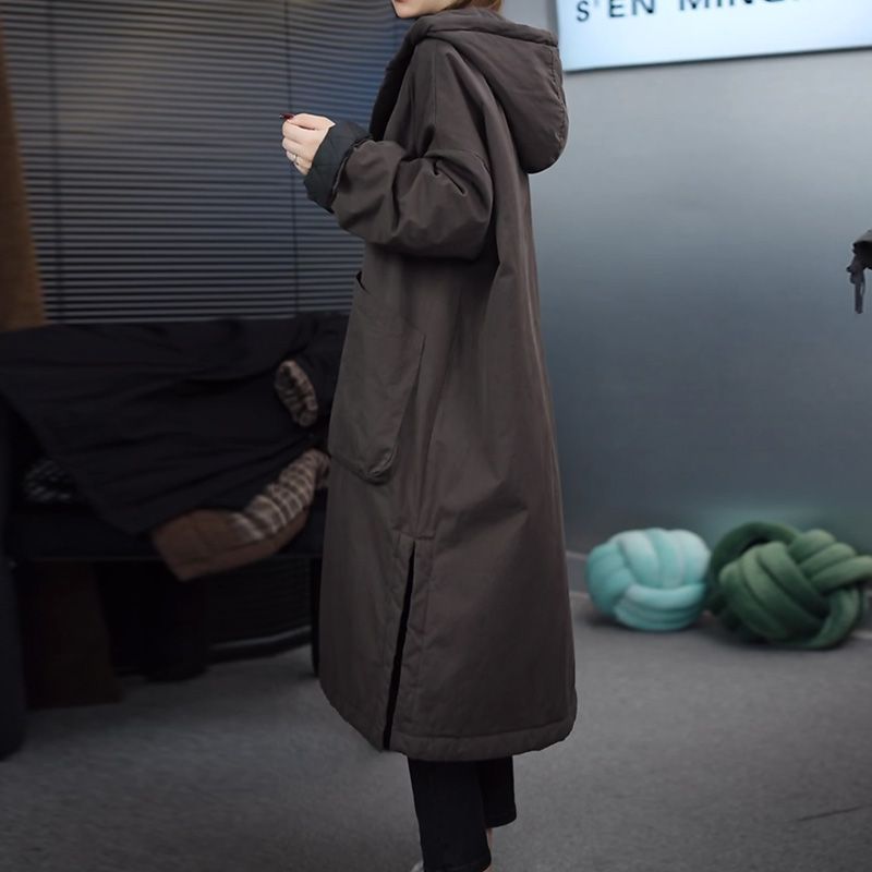 欧货黑色连帽长款棉服女冬季加厚保暖棉衣大码宽松遮肚显瘦棉袄子|undefined