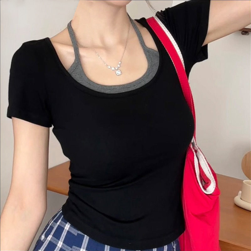 韩版假两件吊带T恤女夏季短袖正肩U领修身显瘦小众设计感个性上衣|undefined