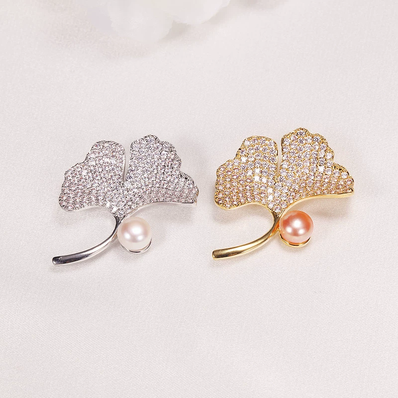 Брошь оптом, медная, позолоченная, с инкрустацией циркония, в форме абрикосового листа, с жемчужной булавкой, из пресноводного жемчуга, ювелирное украшение для женщин
