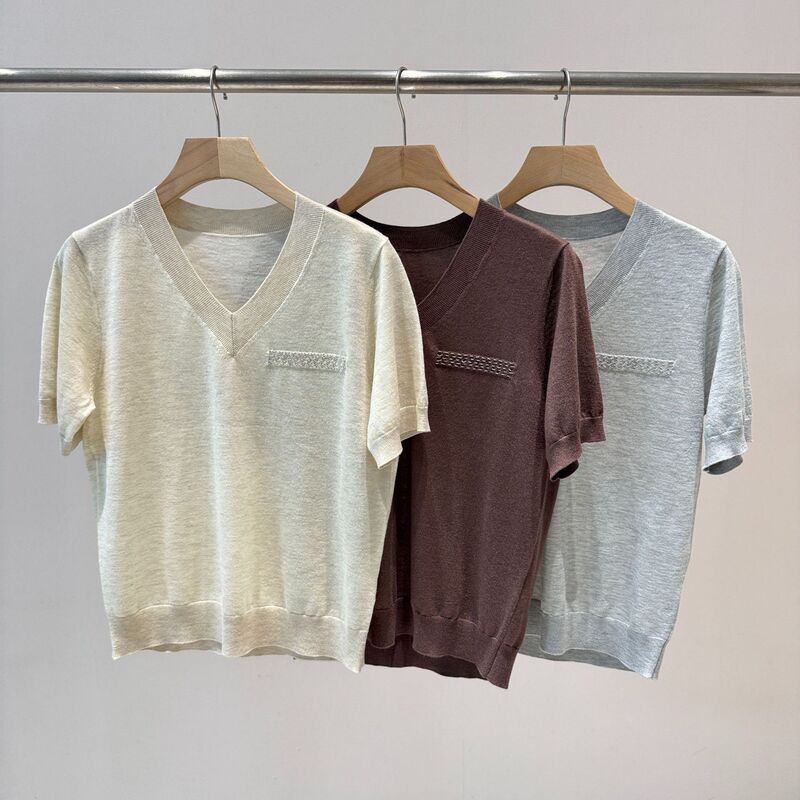 Bc2026 Spring and Summer New Style Silk Cashmere Chest Chain Decoration Loose Slimming Look V-Neck Knitwear Women's Short-Sleeved T-Shirt
