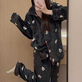秋冬新款280克加厚法兰绒卡通开襟女睡衣家居服小红书爆款