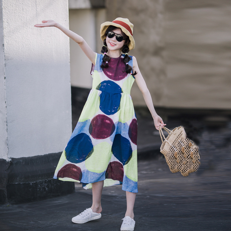 Vestido de las niñas verano fino 2023 nuevas vacaciones estilo occidental medio y grande falda de los niños niñas impreso princesa vestido