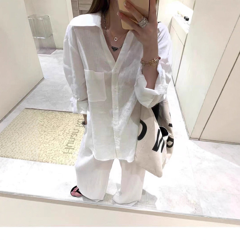 洋气克莱因蓝~老钱风100亚麻衬衫女V领宽松长袖防晒衬衣开衫上衣|undefined