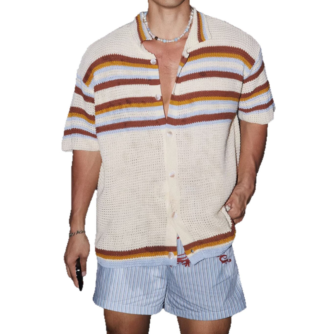 Polo camiseta camiseta de punto camiseta de manga corta camiseta de hombre cardigan rayas huecadas viejos vientos de verano fábrica transfronteriza al por mayor