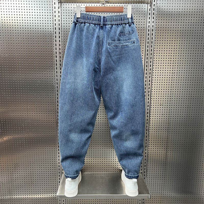 Drawstring tied denim jeans for men's 2023 summer new elastic loose Harlan leggings casual cropped pants_voghion.com