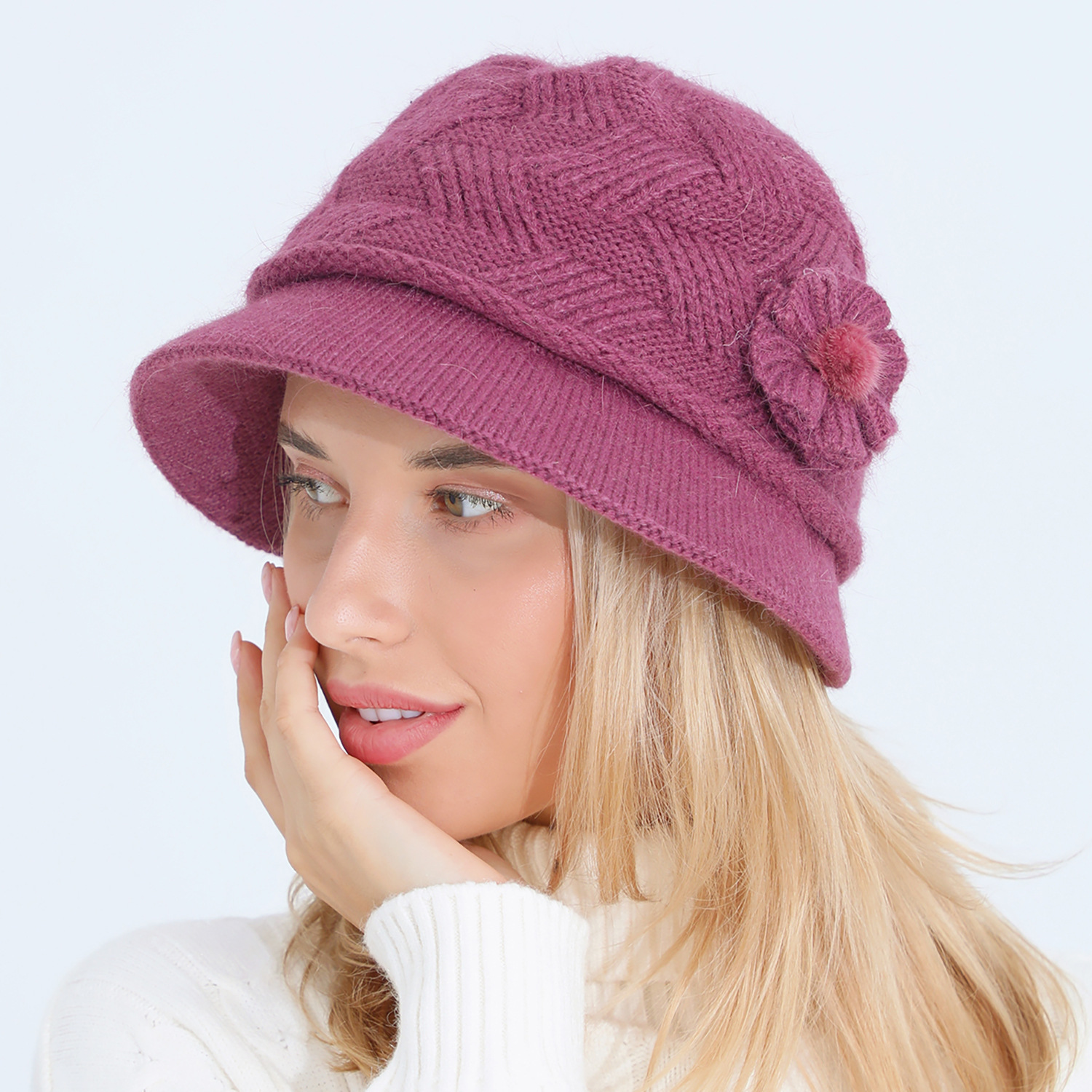 Gestrickte neue frauen herbst und winter blume mode mom kaninchen haar topf plüsch verdickt warme mütze_voghion.com