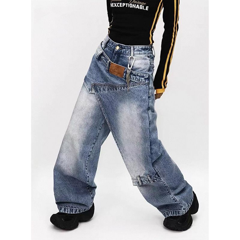 American Retro Design-Inspired Faux Two-Piece Layered Denim Pants for Women, Loose and Relaxed Style, Floor-Length Trousers
