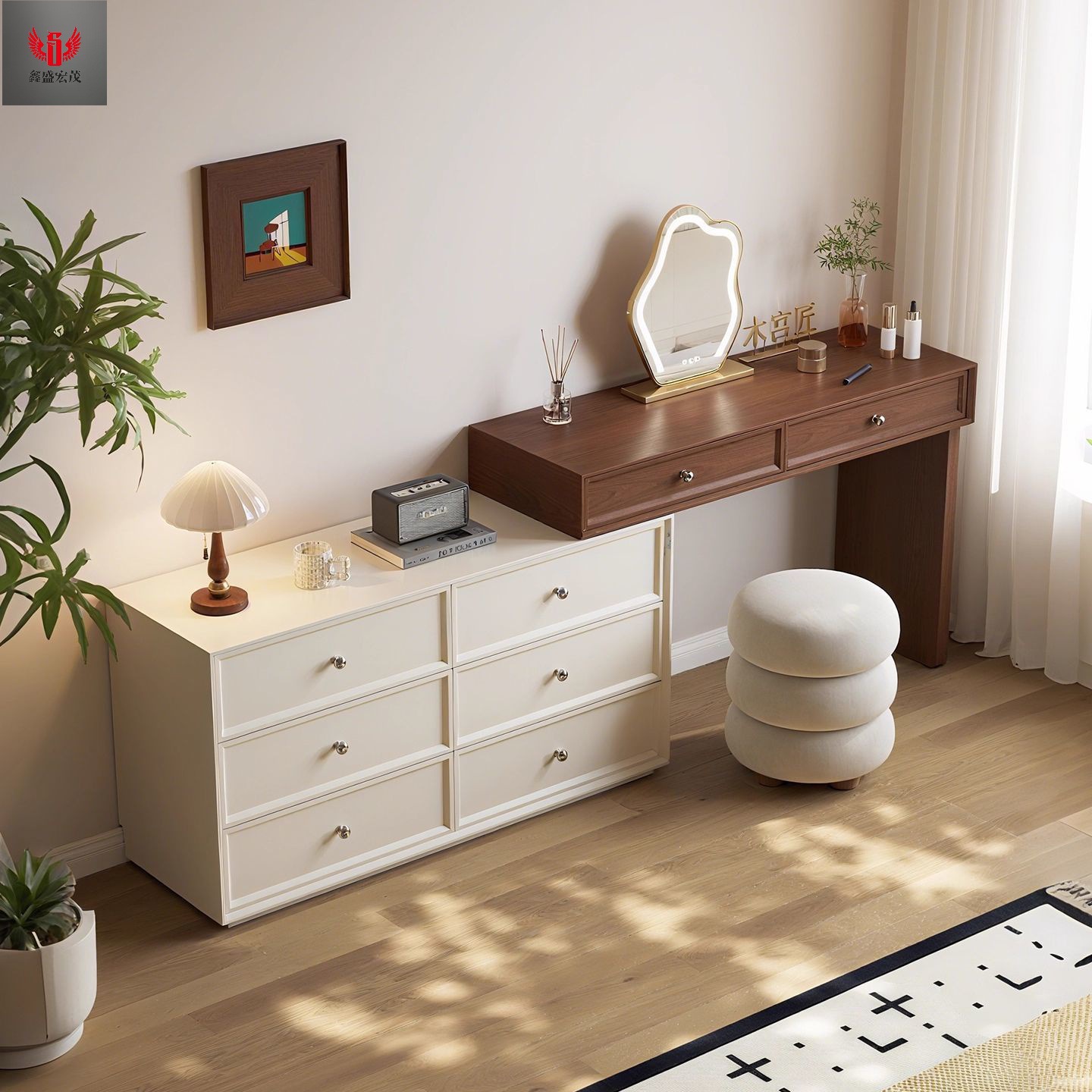 Juganoz comedor de estilo crema medieval pequeño armario de dormitorio en una mesa de maquillaje de madera sólida estética de estilo Song