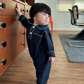 宝宝打揽口袋长款爬服婴童气质翻领连腿哈衣包屁衣