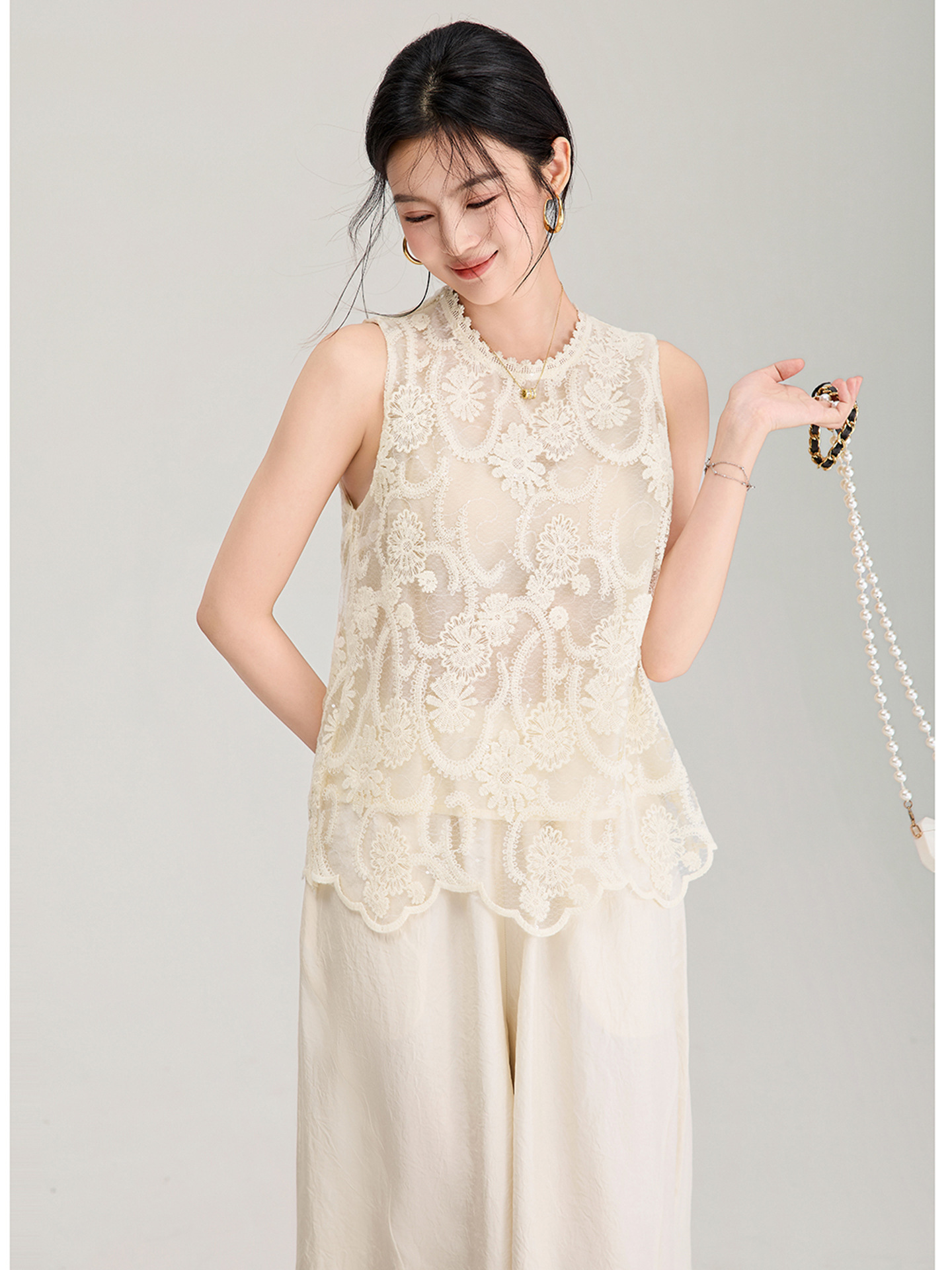 Áo hai dây ren thêu sequin cổ tây không tay mùa hè — màu mơ
