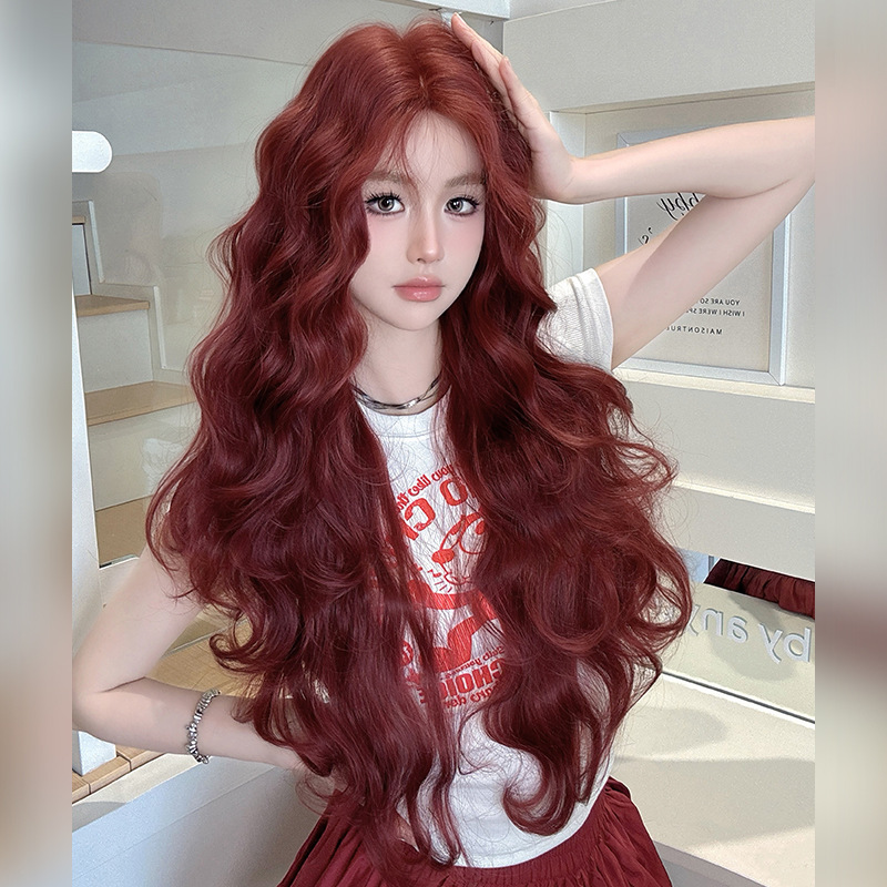 Long curly wig for women, elegant with a center part, high-quality high-temperature fiber, rouge red, full head, wholesale from manufacturer Long curly wig for women, elegant with a center part, high-quality high-temperature fiber, rouge red, full head, wholesale from manufacturer