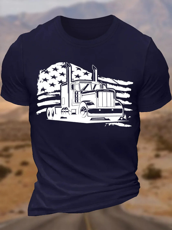 Foreign trade European and American size plus size men's flag truck driver funny round neck casual cotton letter T-shirt