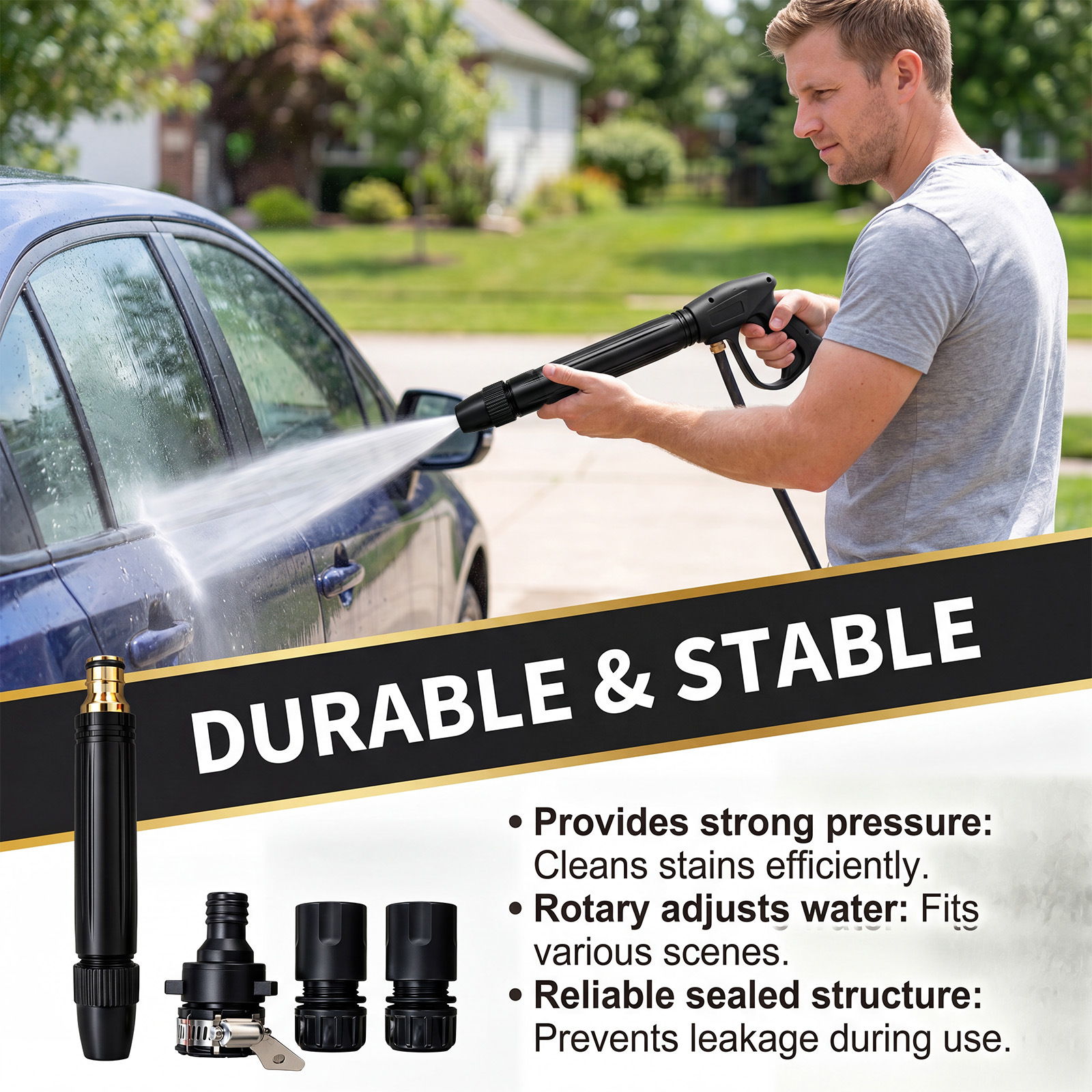 High-pressure car wash gun: features adjustable, rotating nozzles that allow for various spray patterns, providing a powerful water stream to effectively wash and clean dirt from the car body
