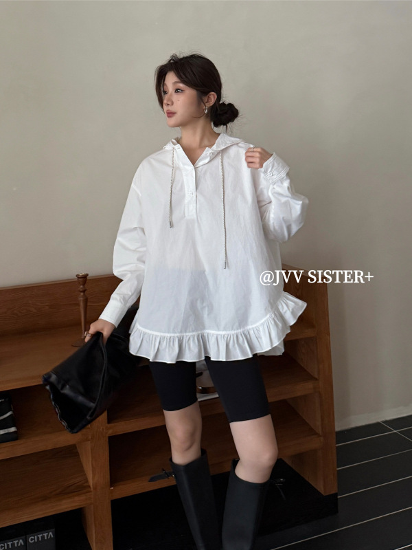 JVV十三行2025秋季新款荷叶下摆宽松连帽套头长袖休闲衬衫女90513|undefined