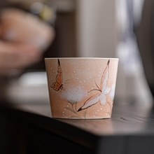 高档手绘橙色蝴蝶陶瓷猪口杯办公室喝茶咖啡杯可乐杯水杯功夫茶具