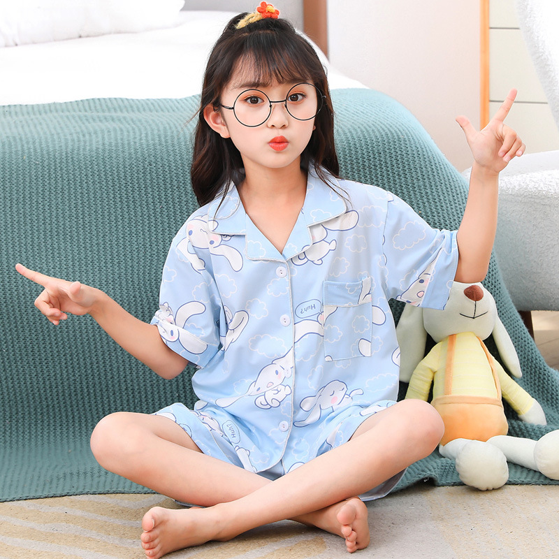 Summer Children's Pajamas Women's Thin Imitation Cotton Lapel Short-sleeved Cartoon Sweet Loose Home Clothes for Kids