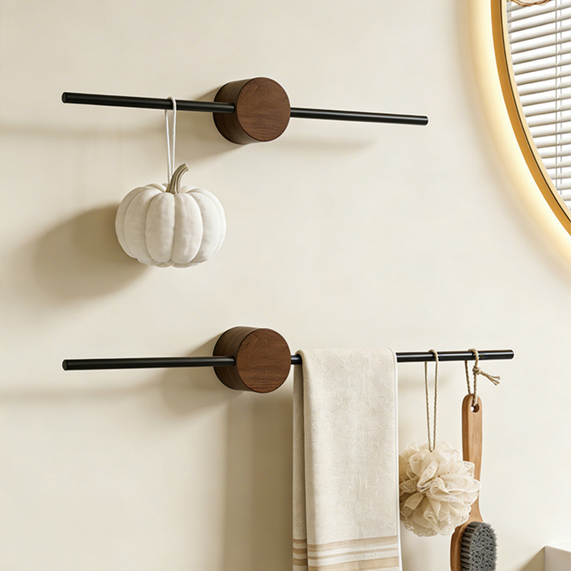 Walnut wood towel rack, no-drill installation, minimalist bathroom towel bar, bath towel hanging rod, storage shelf