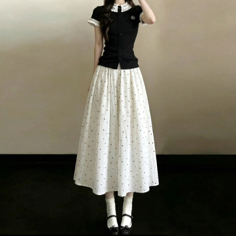 Korean-Style White Polka Dot Skirt for Women 2026 Summer New Loose High-Waisted Slimming A-Line Elegant Versatile Long Skirt Korean-Style White Polka Dot Skirt for Women 2026 Summer New Loose High-Waisted Slimming A-Line Elegant Versatile Long Skirt