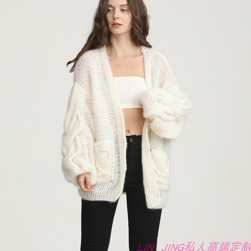 手工编织钩花马海毛宽松慵懒风直筒开衫外套通勤毛衣女sweater