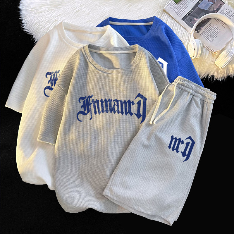 Waffle casual traje de los hombres de verano de seda de hielo de manga corta Camiseta de los hombres con ropa deportiva de marca de moda guapo