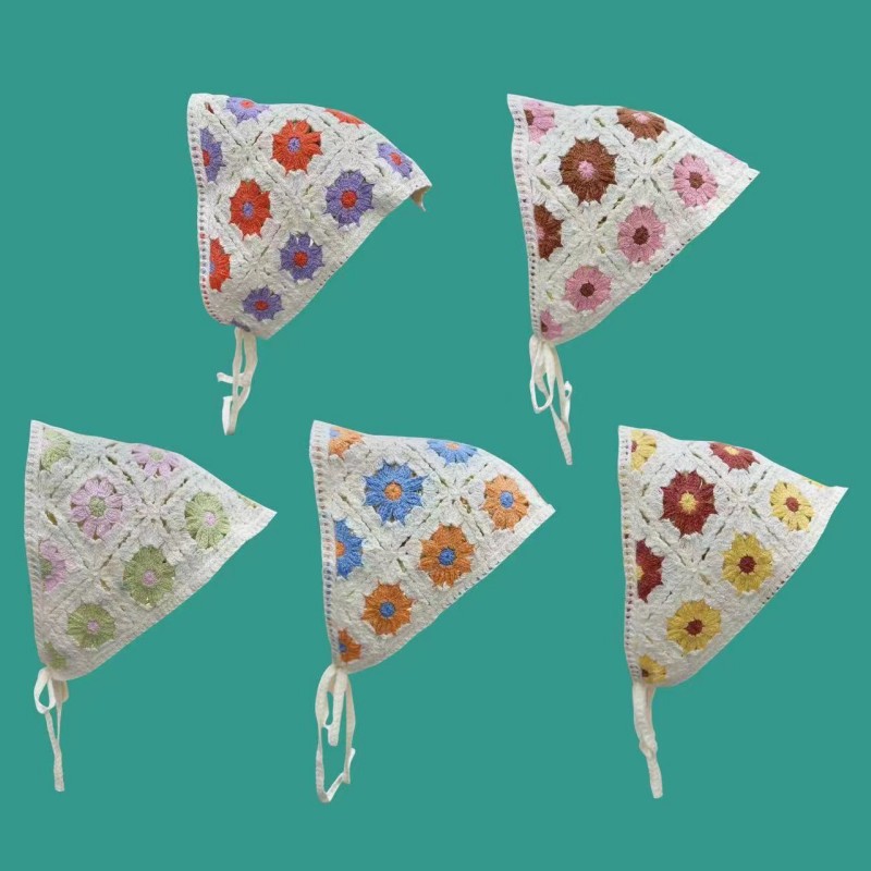 Four Seasons Farmhouse Fashion Knitted Crochet Lace Hole Triangular Scarf for Women Sweet and Cute Girl Style Flower Headscarf and Hairband Trendy