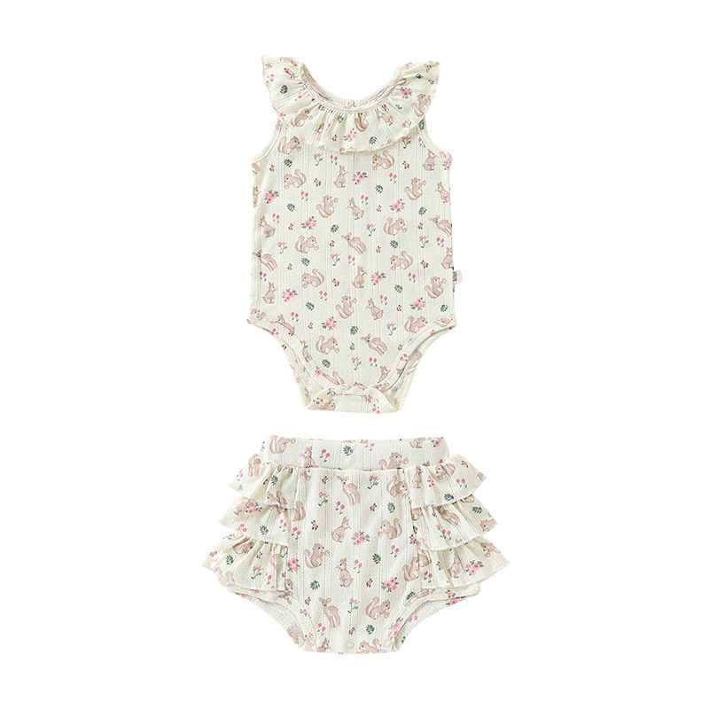 Abbigliamento per neonate 2026: tutina estiva con volant e spalline, set due pezzi per bambine_voghion.com