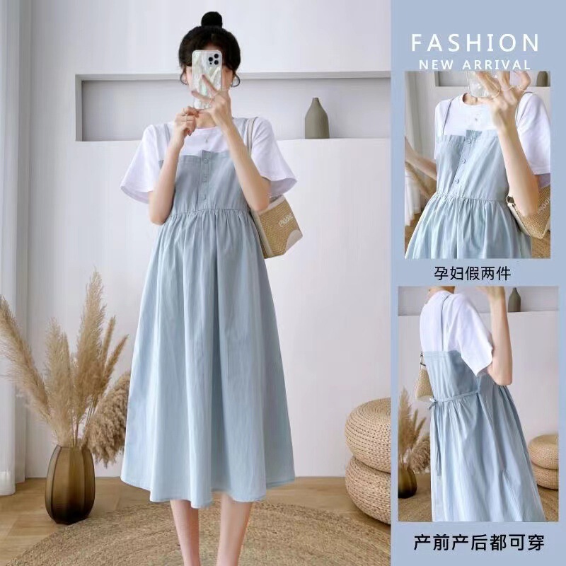 Maternity Wear New Summer Dress Plus Size Slimming Look Mid-Length Skirt Pregnant Mother Splicing Fake Two-Piece Loose Belly-Covering Dress Maternity Wear New Summer Dress Plus Size Slimming Look Mid-Length Skirt Pregnant Mother Splicing Fake Two-Piece Loose Belly-Covering Dress