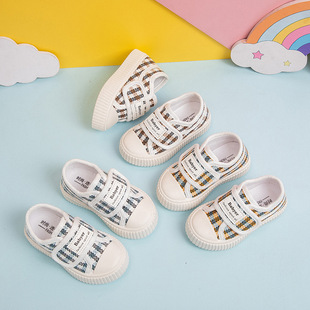 Baby's Canvas Shoes 2024 Spring New Children's Casual Shoes Velcro Korean Style Plaid Girls' Cloth Shoes Breathable and Trendy
