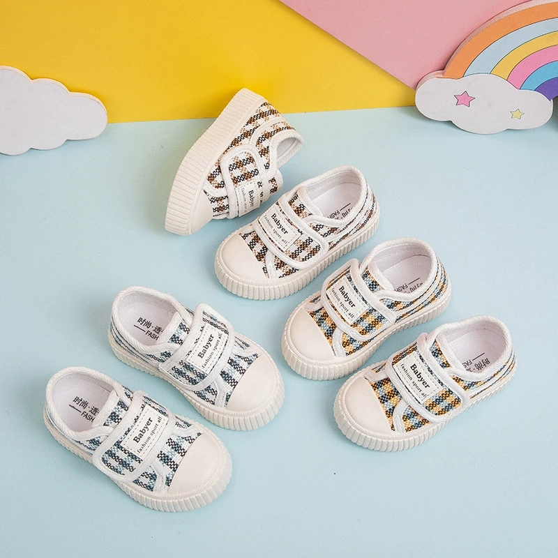 Детские холщовые туфли 2024 Новая детская повседневная обувь липучка Корейская версия клетчатой обуви для девочек
