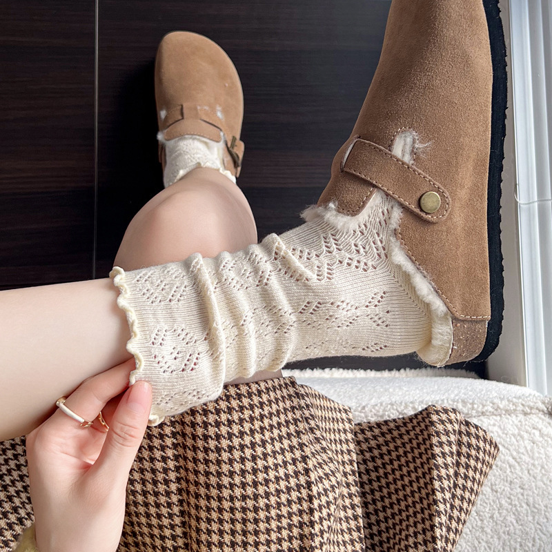 White Piles of Socks for Women in Summer Cut Out Thin Jk Japanese Style Style Ins Trendy Small Leather Shoes Mid-Calf Socks with Loafers