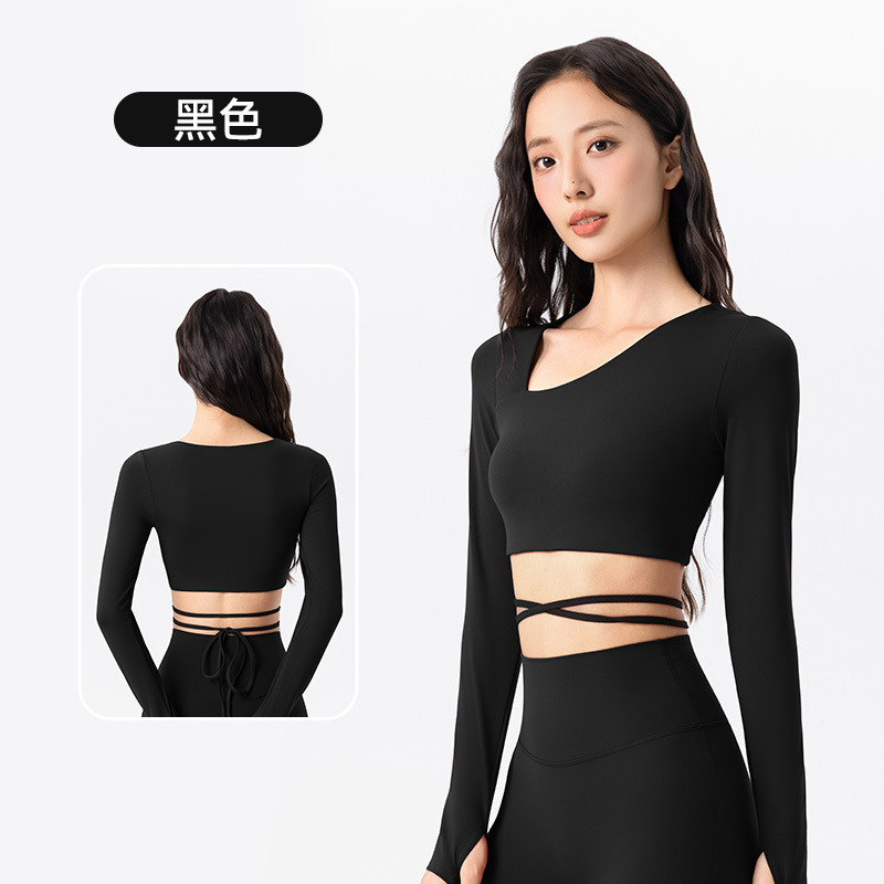跨境短款正肩瑜伽服长袖女斜领绑带运动上衣带胸垫修身显瘦健身服|undefined