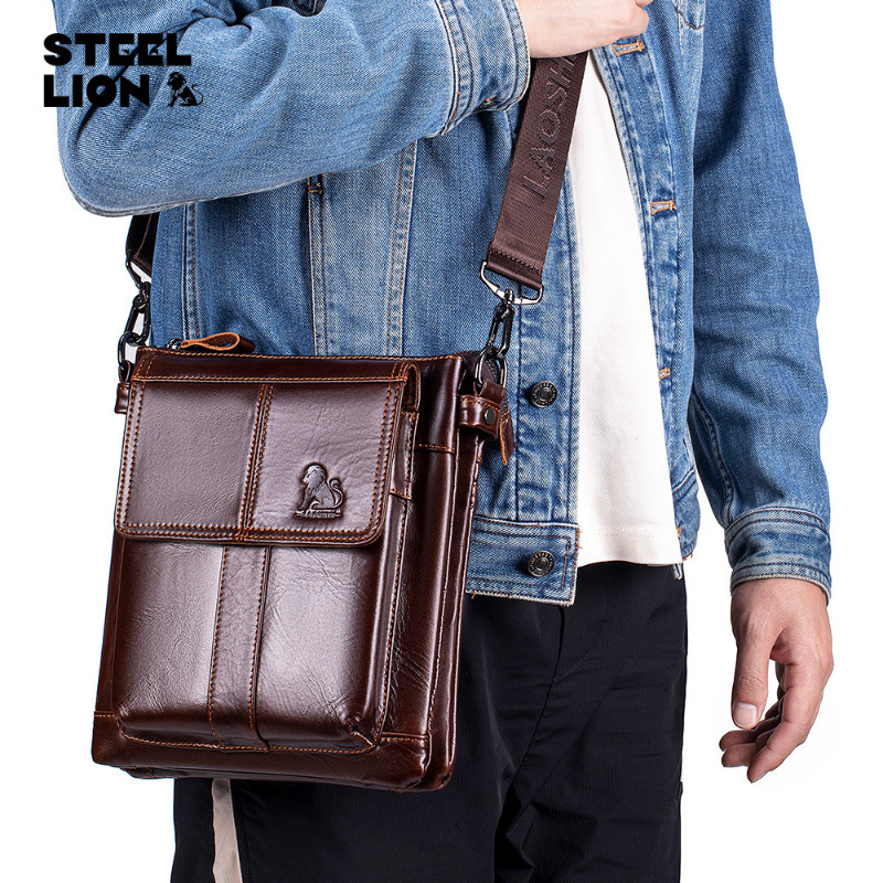 Bolso de mensajero de cuero para hombre transfronterizo bolso de hombro de piel de vaca de primera capa bolso de hombro multifuncional retro de gran capacidad para hombres