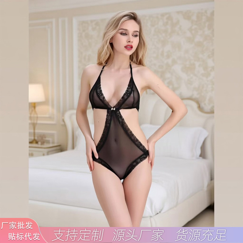 Manufacturer Customized Sexy Lace One-Piece Lingerie for Women, Transparent Hollow-Out Deep V Strap Teddy Erotic Nightwear in Black Manufacturer Customized Sexy Lace One-Piece Lingerie for Women, Transparent Hollow-Out Deep V Strap Teddy Erotic Nightwear in Black