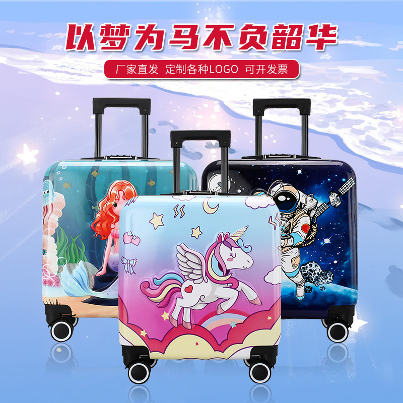 Children's Trolley Suitcase with Cartoon Rainbow Horse and Astronaut Design, 20inch Travel Suitcase with Printed Logo, Anti-Theft Carry-On Luggage