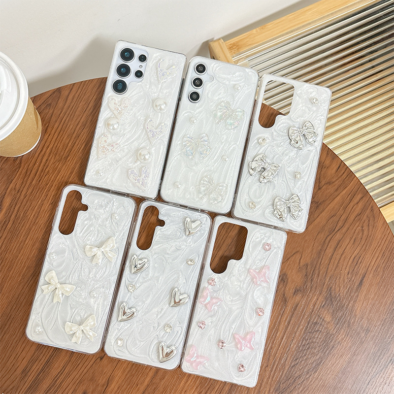适用三星S25ultra滴胶闪粉手机壳S24蝴蝶结S23爱心立体A55韩国ins