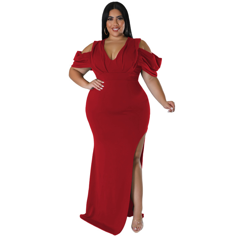 Plus Size High Slit V-Neck Fishtail Dress Milk Silk Knitted Flutter Sleeve Sexy Bodycon Maxi_voghion.com