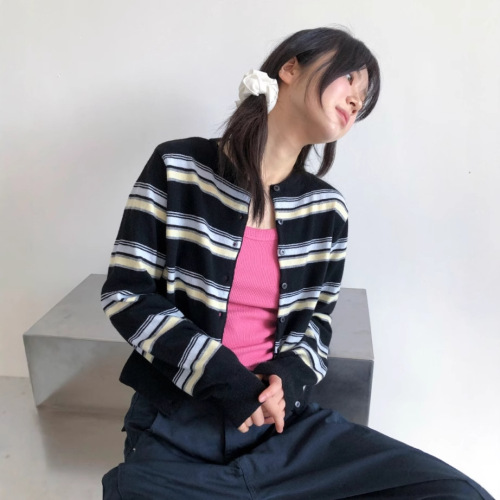 Three-Color 25 Spring Summer Korean Instagram Retro Striped Knit Thin Cardigan Outerwear Sun Shirt School Day Japanese Style