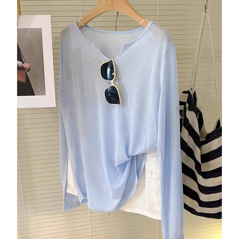 Thin V Neck Loose Slimming Look Snowflake Cotton Pure Color Long-Sleeved T-Shirt Sun Protection Blouse Top for Women Summer