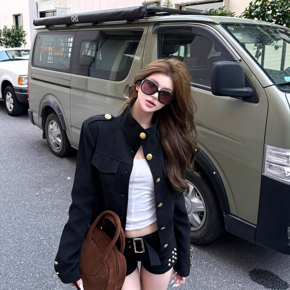 Short Outwear Women's Autumn New Hot Girl Ancient Flocking Suede Retro Wide Shoulder Stand Collar Jacket Slim Silhouette Top