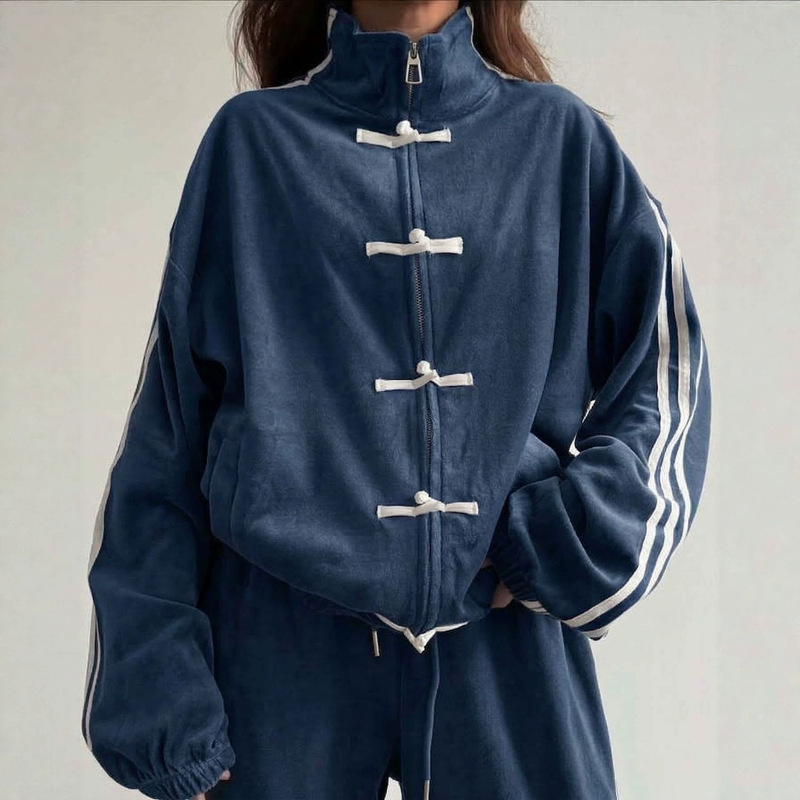 2026 Amazon Fashion Buckle Three-Stripe Casual Suit Retro Stand-Collar Jacket Wide-Leg Sweatpants Two-Piece Set