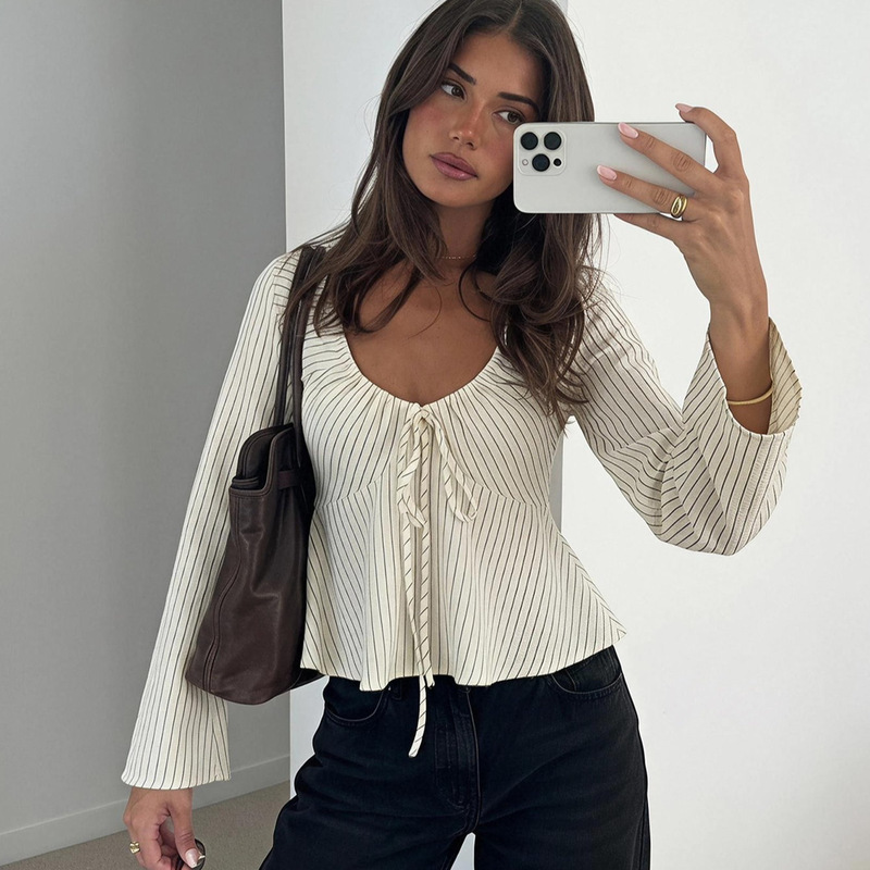 Cross-border European and American style, French striped V-neck long-sleeved shirt with tie detail, elegant and flattering fit, slightly flared sleeves, versatile top Cross-border European and American style, French striped V-neck long-sleeved shirt with tie detail, elegant and flattering fit, slightly flared sleeves, versatile top