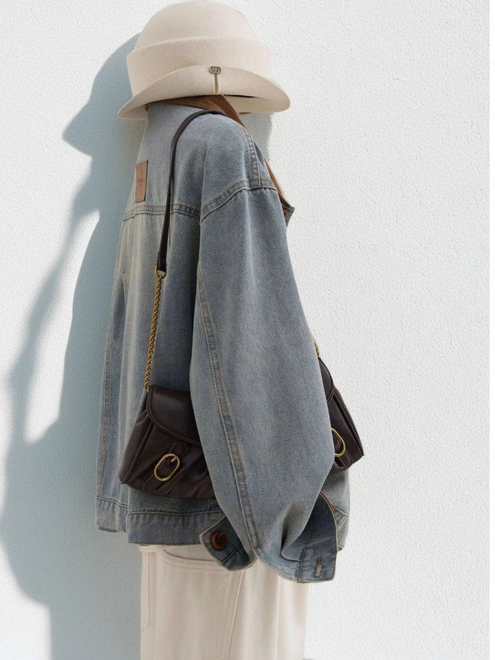Áo khoác denim ngắn nữ dáng ôm, tay dài, cổ áo màu tương phản, phong cách Hàn Quốc — màu xanh denim