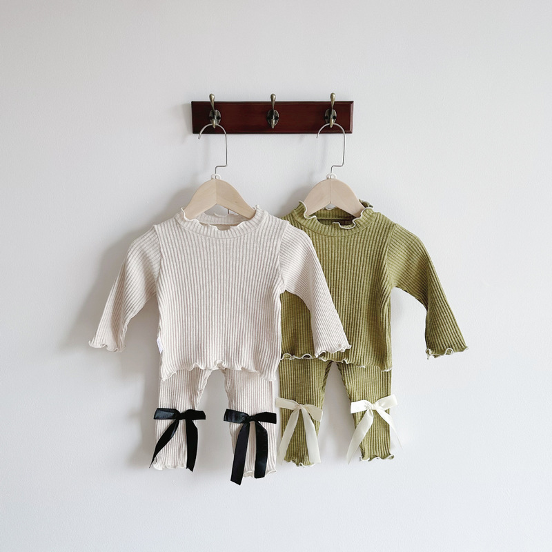 Ins Spring and Autumn Baby Bamboo Pit Strip Baby suit Men's and Women's Bapstick Half High Collar Top Bow Pants