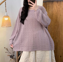2025秋季休闲新款休闲百搭圆领套头针织莱赛尔亚麻大版上衣 女