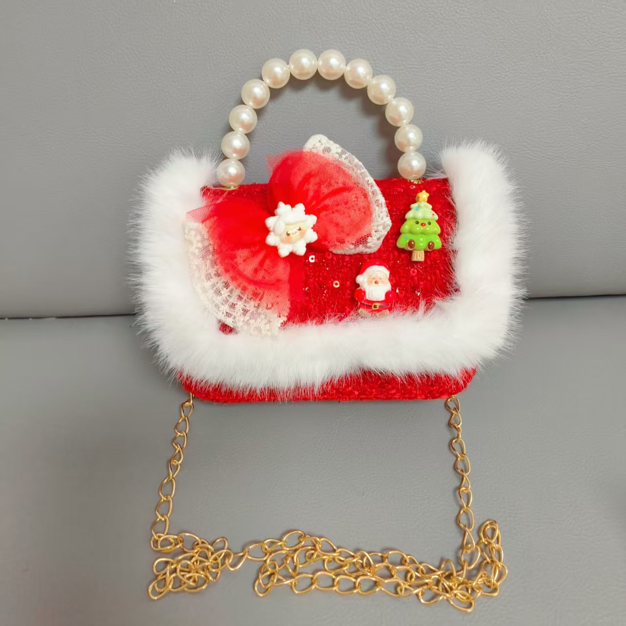 Gran bolso de perla de arco rojo, Santa Claus, bolso de Año Nuevo, cartera de Año Nuevo, hombro, pequeño viento fragante